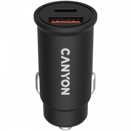 CANYON C-20B03, PD 30W/QC3.0 18W Pocket size car charger with 1-USB A+ 1-USB-C Input: DC12V-24V, Output: USBC: PD30W( 5V3A/9V3A/12V2.5A/15V2A/20V1.5A),USB-A:QC3.0 18W (5V3A
